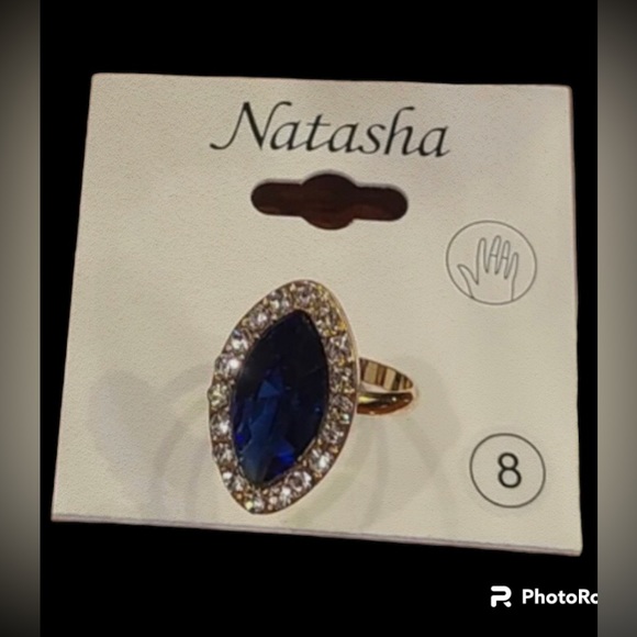 Natasha Ring Size 8 Sapphire Blue Color Stone w/ white Rhinestones surround NEW - Picture 2 of 8